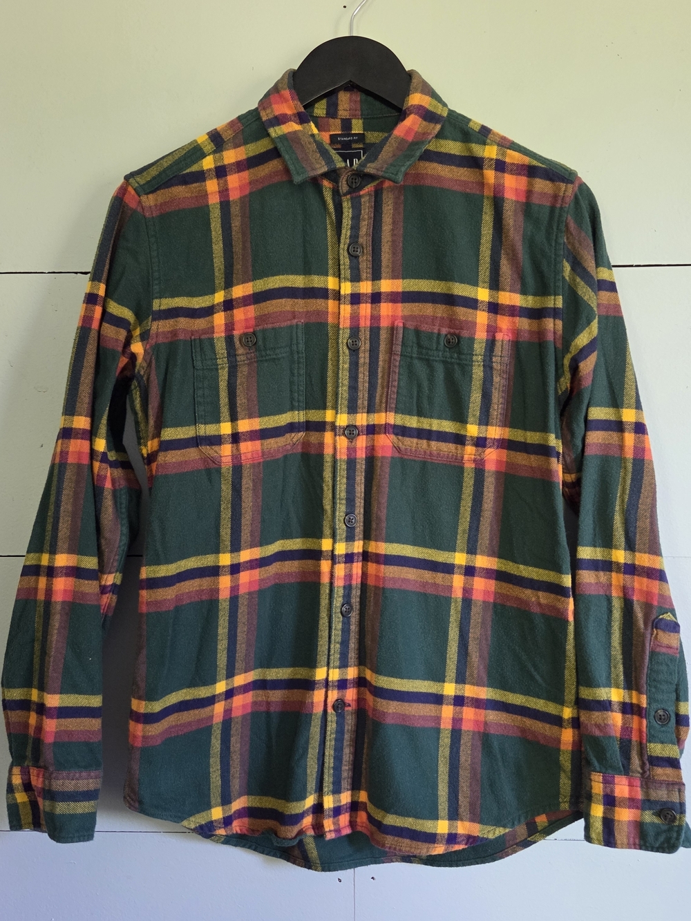 Gap Men's Plaid Cotton Flannel Button-Up Shirt XS Green Yellow Red Blue Pockets